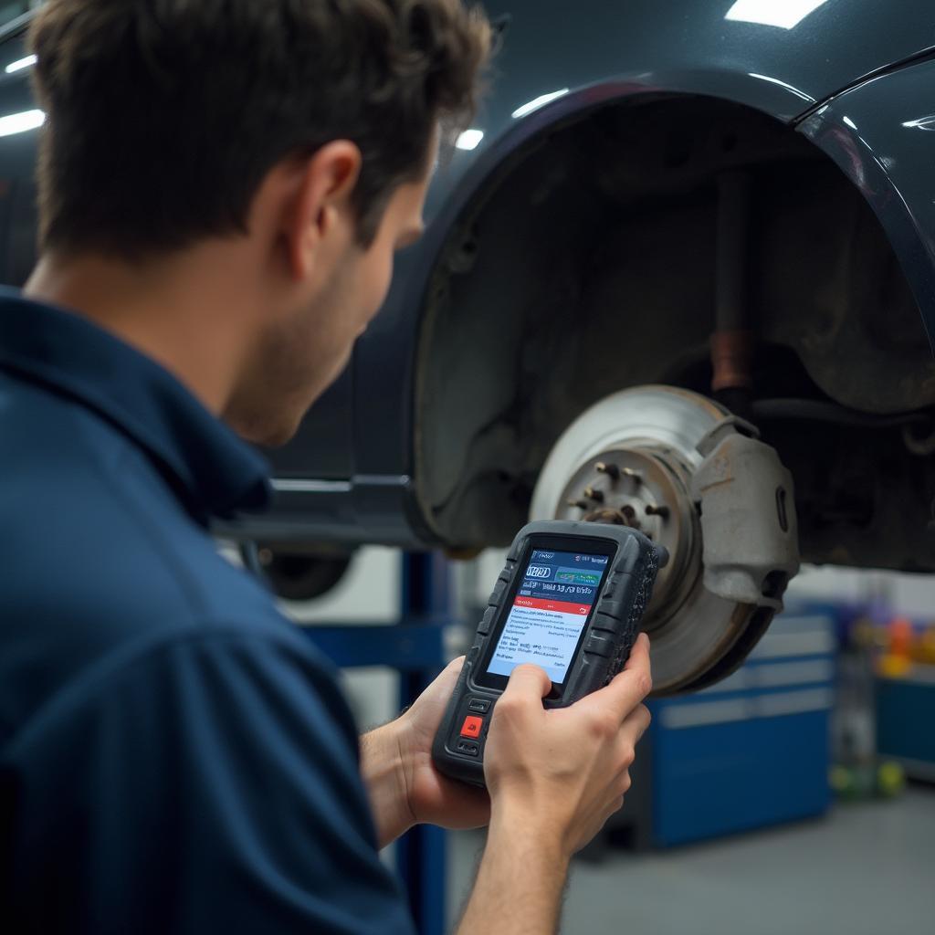 Mechanic Using OBD2 Reader for Brake Diagnosis