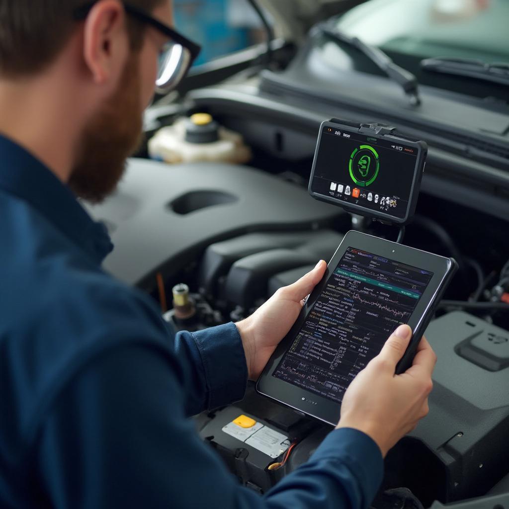 Mechanic using a cell phone obd2 reader to diagnose a car.