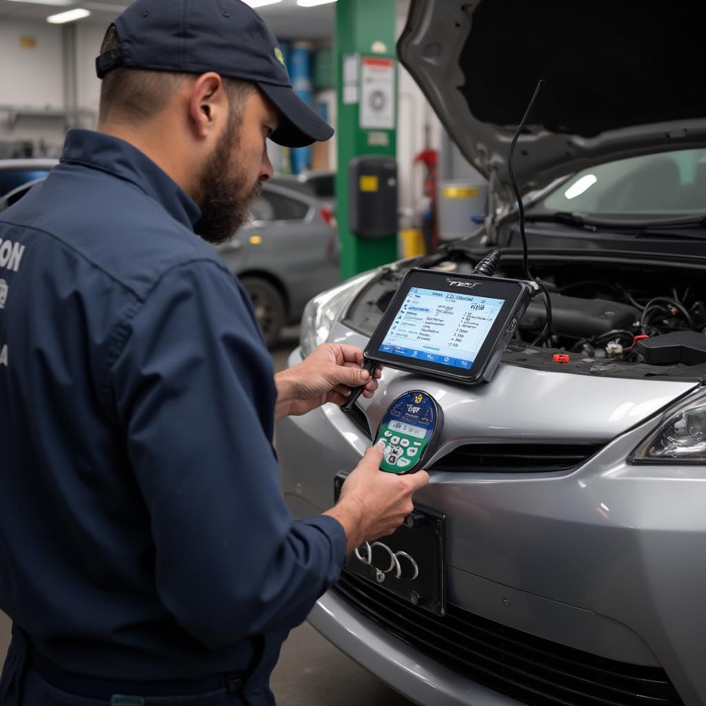 Mechanic using an OBD2 reader on a Prius in a garage