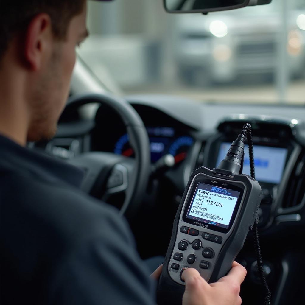 Mechanic Using an OBD2 Scanner on a 2017 Car