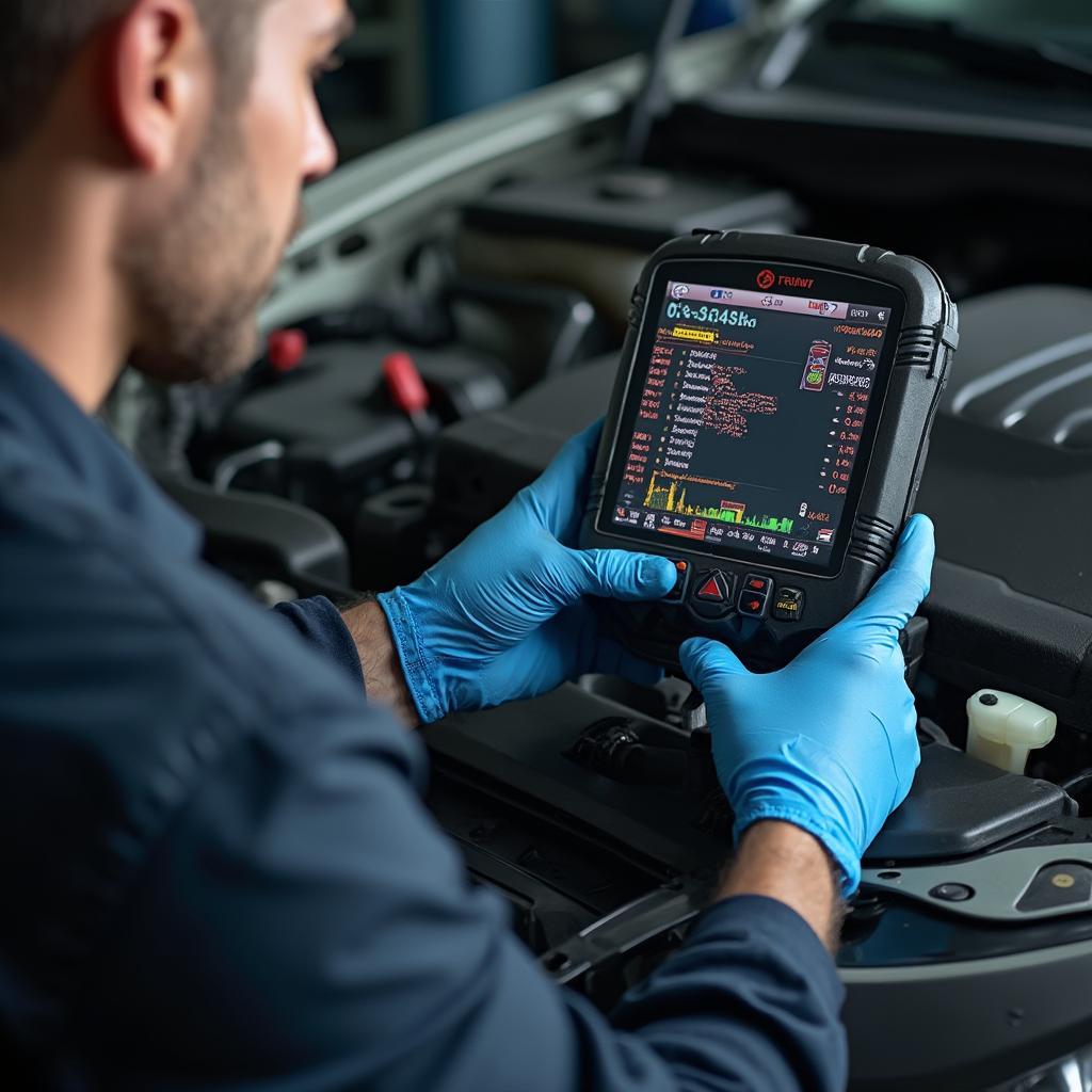 Mechanic using an OBD2 scanner to diagnose car problems