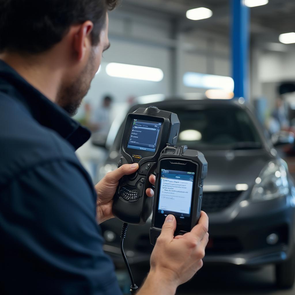 Mechanic Using OBD2 Scanner on Car