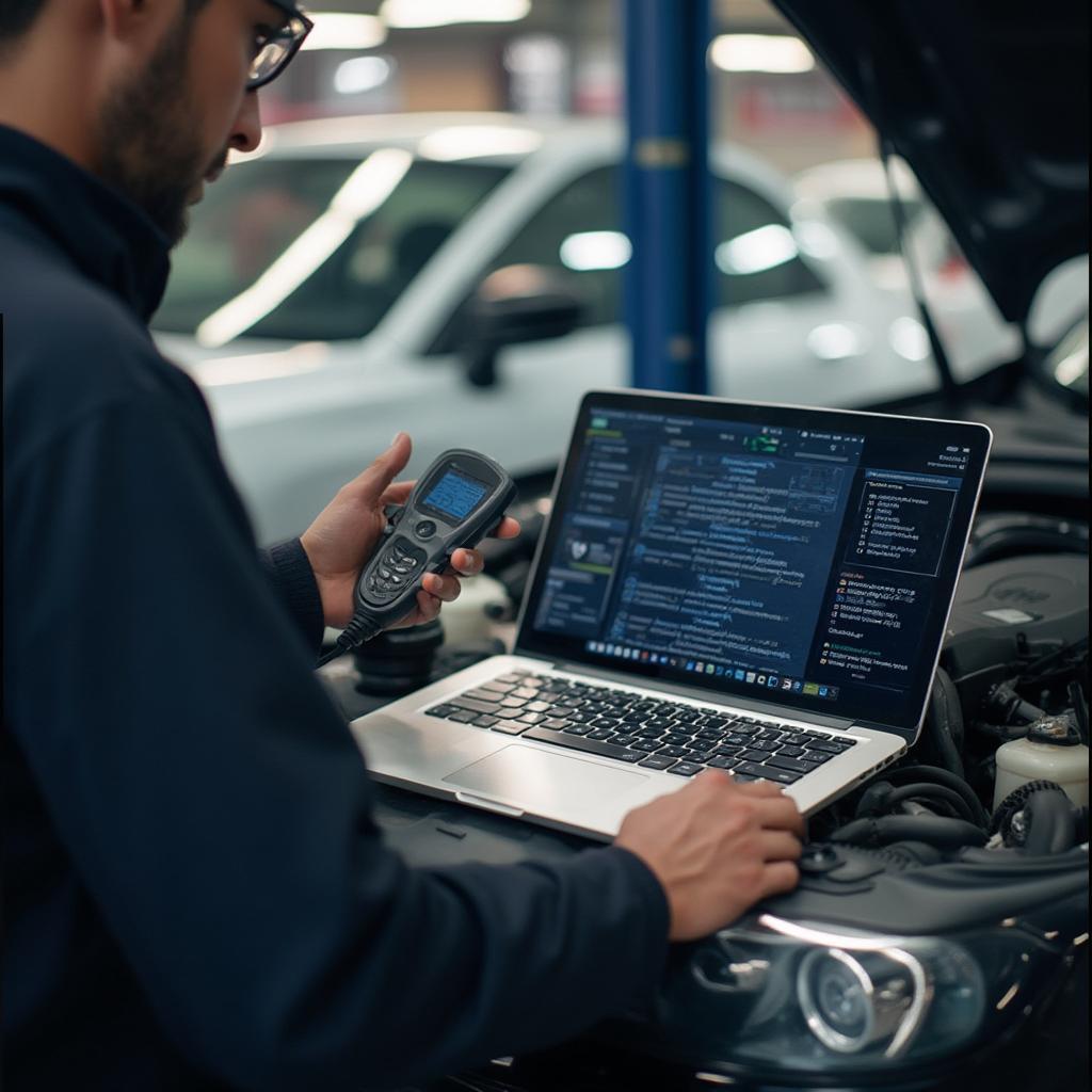 Mechanic using OBD2 Scanner