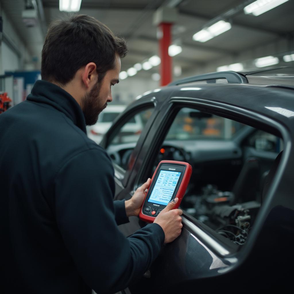 Mechanic Diagnosing Car with OBD2 Scanner