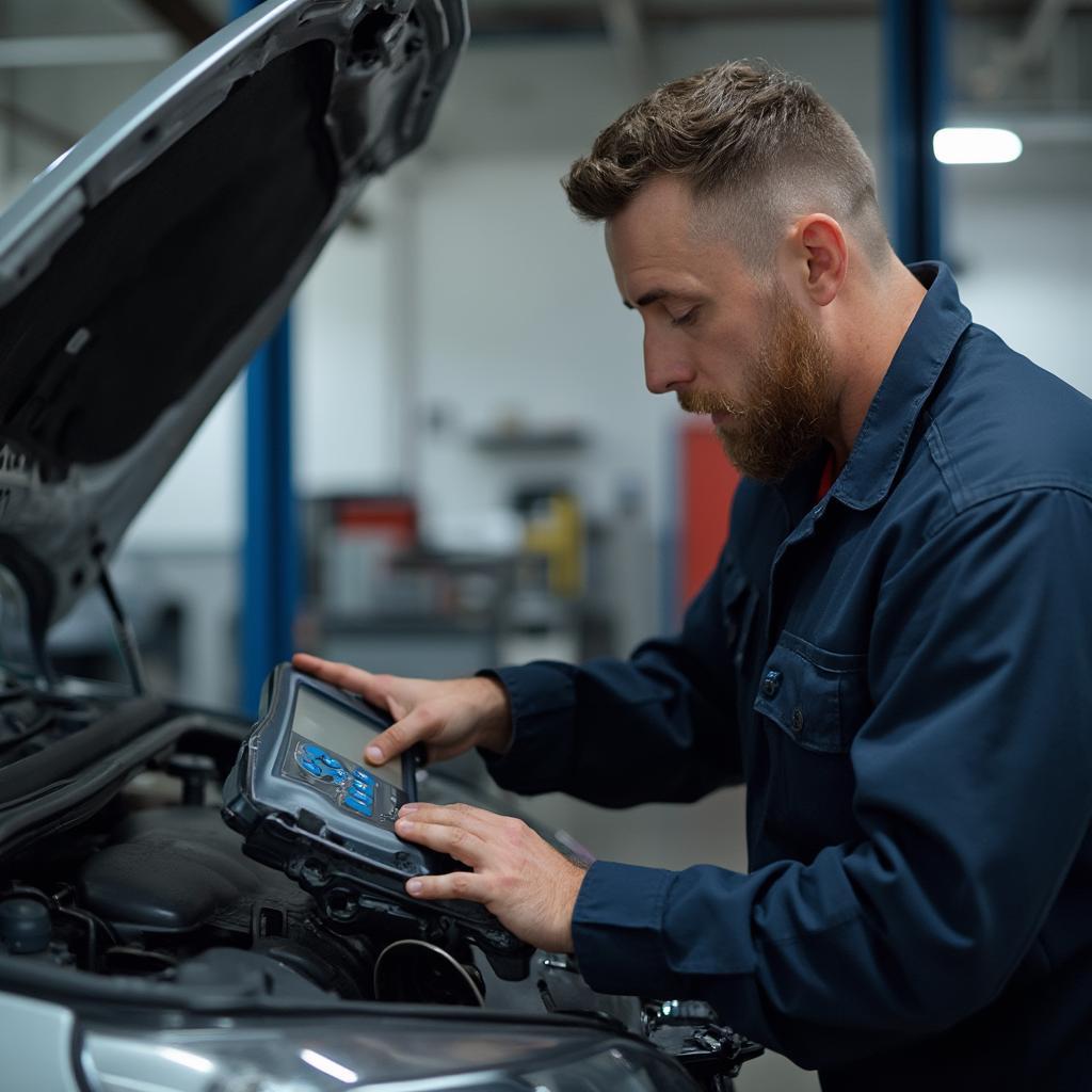 Mechanic Diagnosing Car with OBD2 Scanner