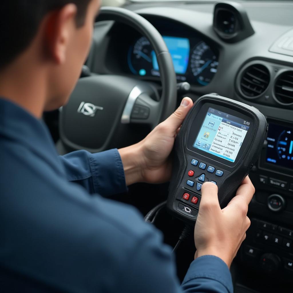 Mechanic Using OBD2 Scanner on a Car