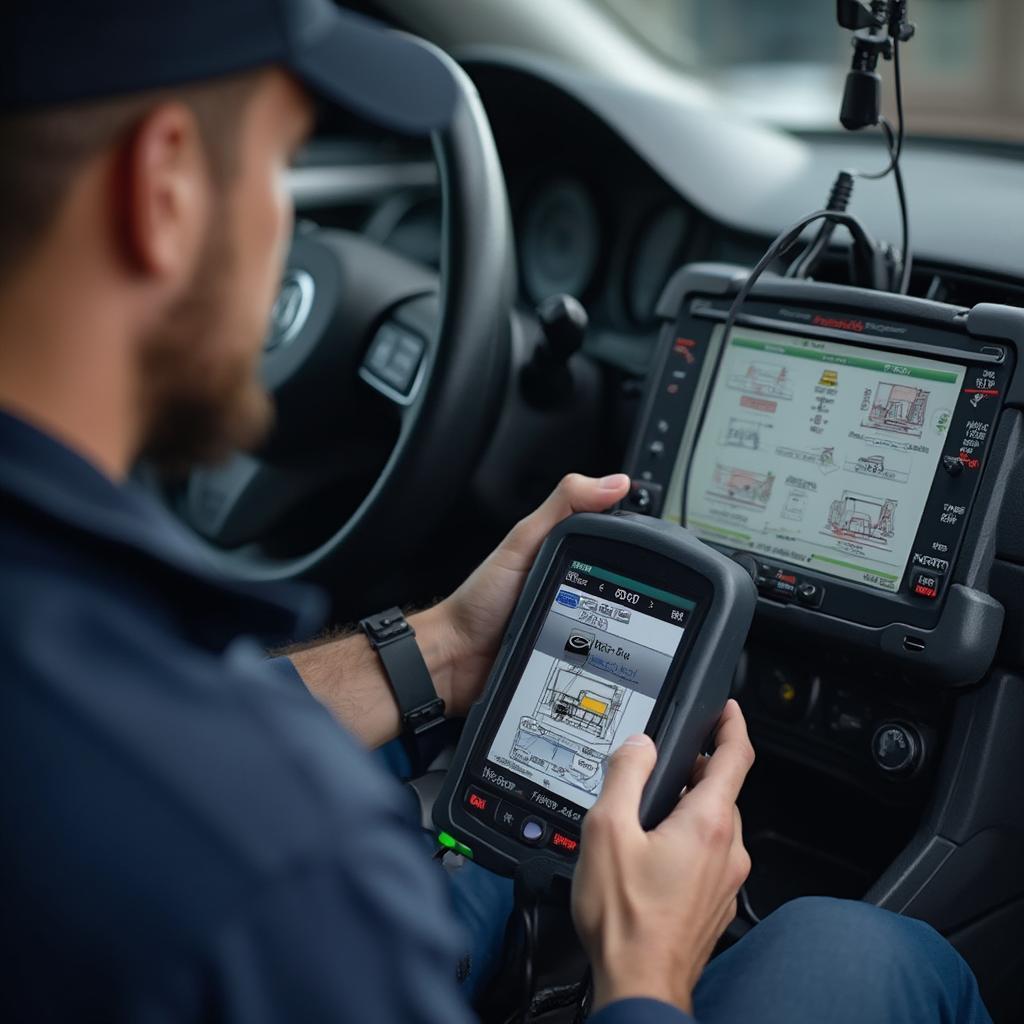 Mechanic using an OBD2 scanner to diagnose a car