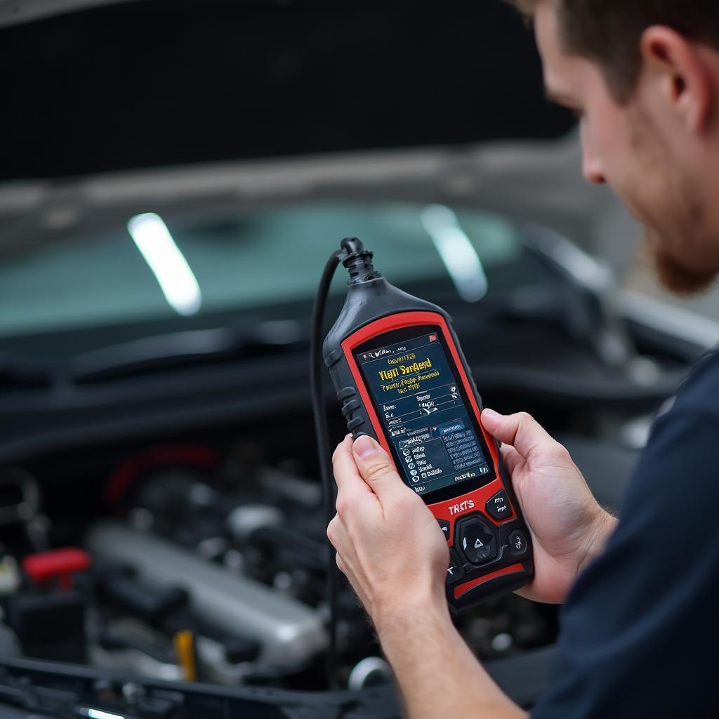 Mechanic Using OBD2 Scanner on a Vehicle