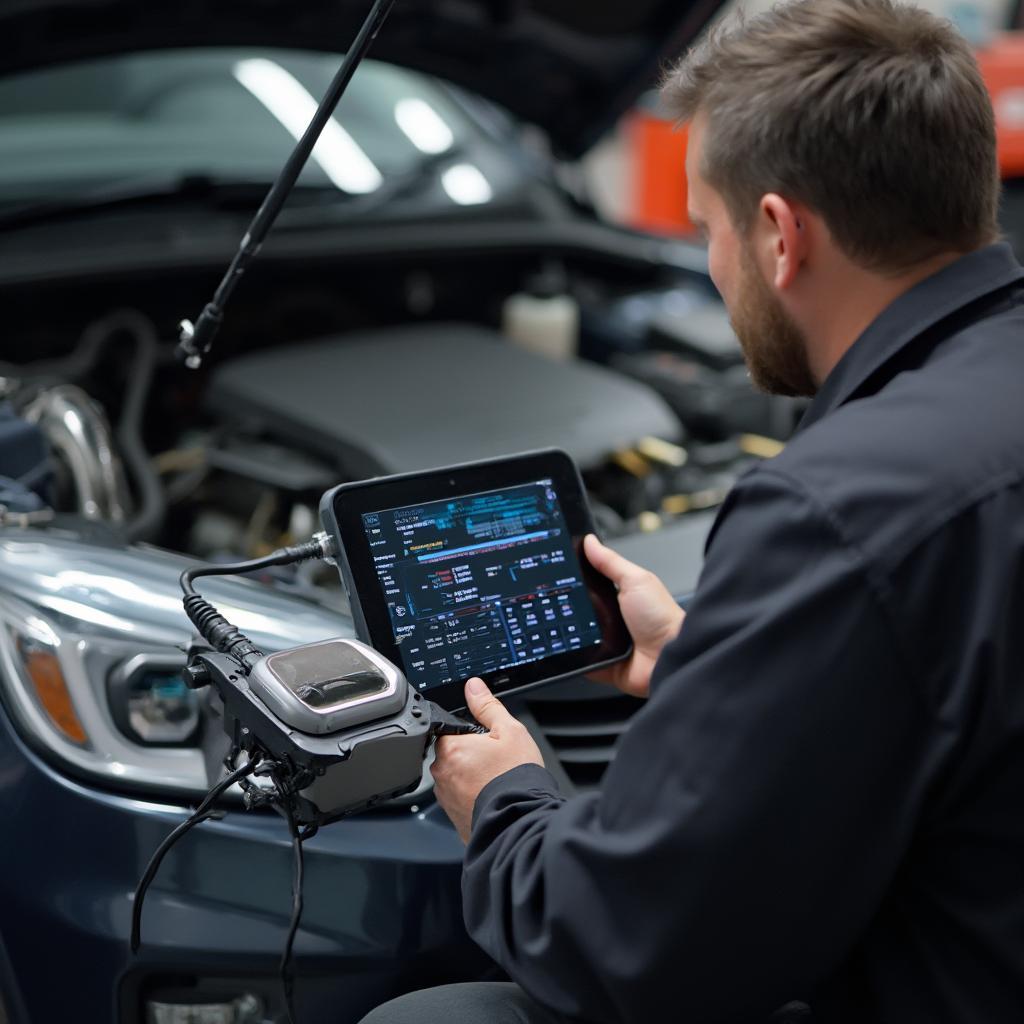 A mechanic using an OBD2 scanner to diagnose a car.