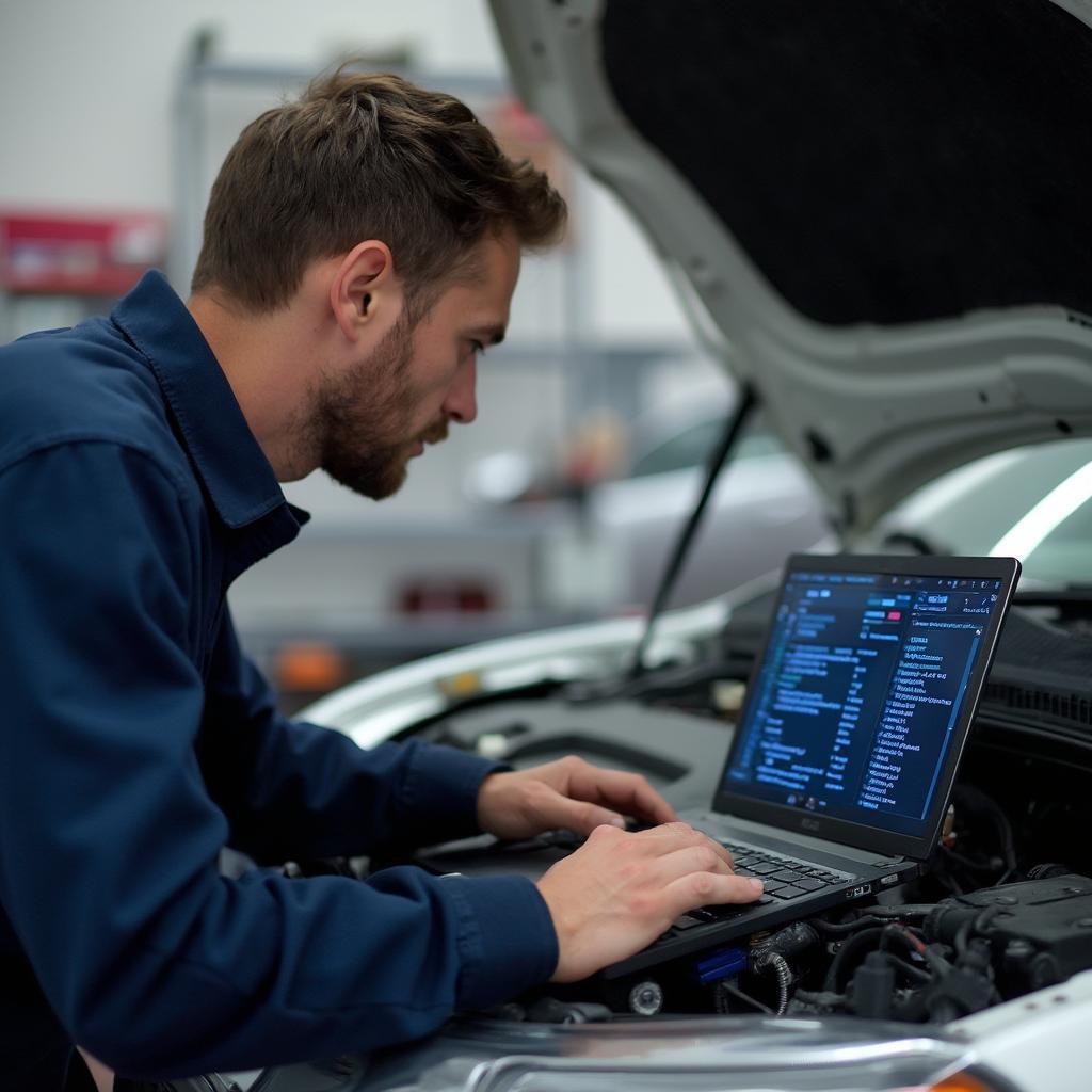 A mechanic using an OBD2 scanner connected to a laptop via USB to diagnose a car.