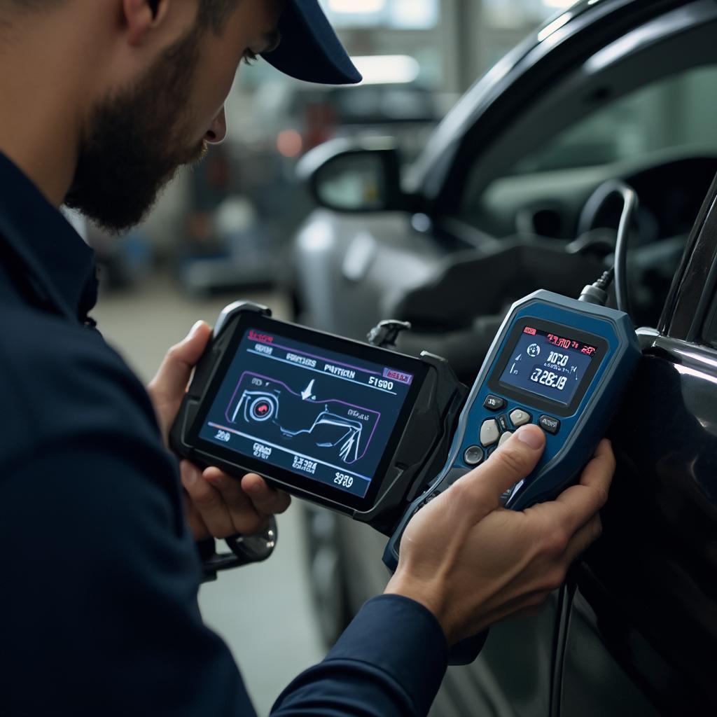 A mechanic using an OBD2 scanner to diagnose a car problem in a workshop.