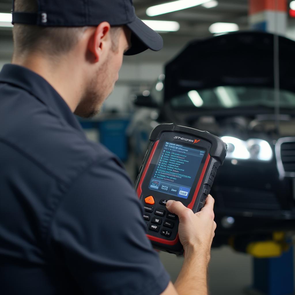 Mechanic diagnosing car problems using an OBD2 scanner.