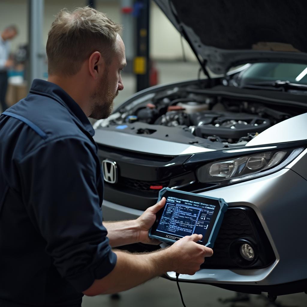 Mechanic Diagnosing a Honda Civic with an OBD2 Scanner