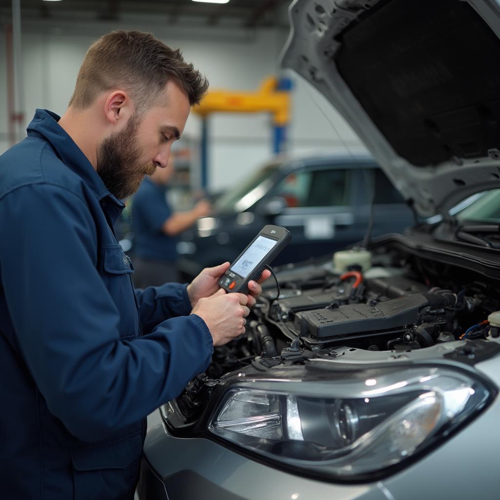 Mechanic Diagnosing Car with OBD2 Scanner