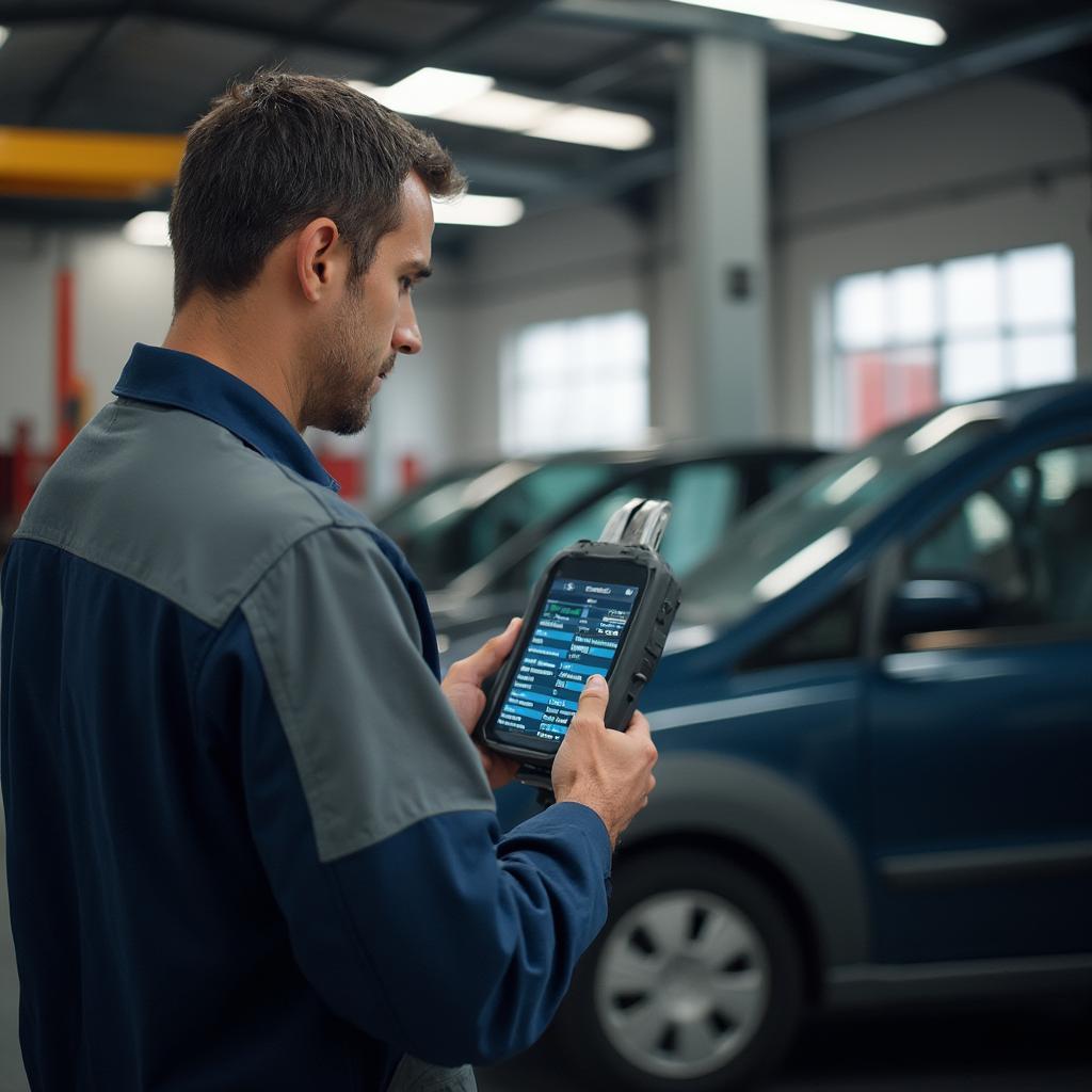 Mechanic Using an OBD2 Scanner in a Workshop