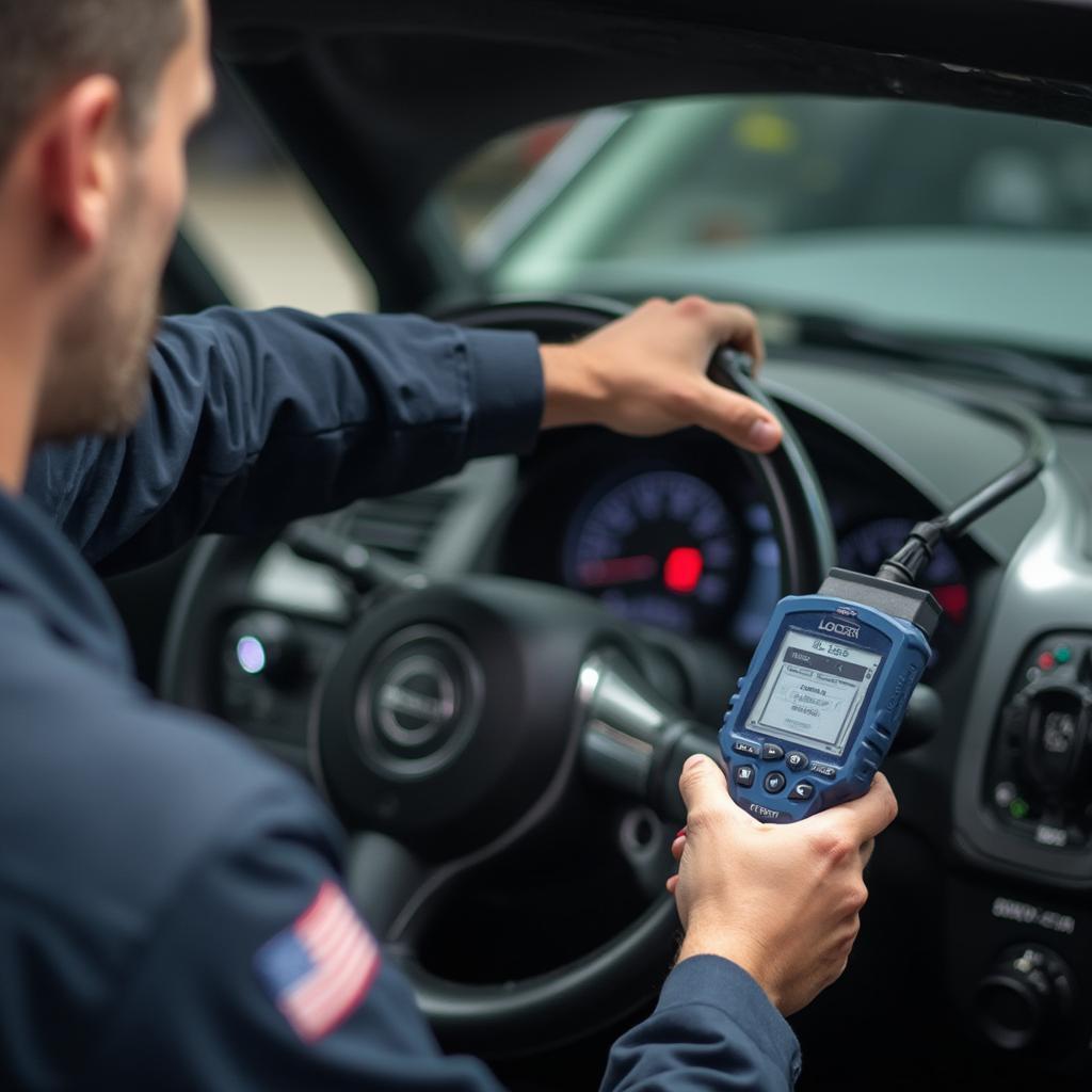 Mechanic using an OBD2 scanner to diagnose a car problem