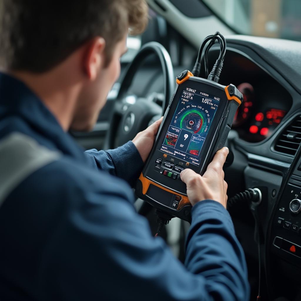 A mechanic using an OBD2 scanner to diagnose a car's engine problem.