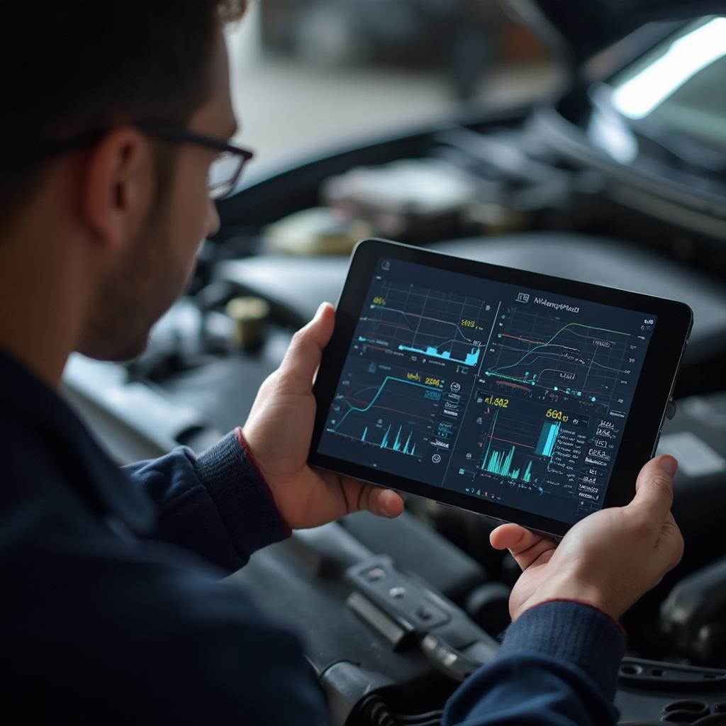 Mechanic using an OBD2 scanner and app to diagnose a car