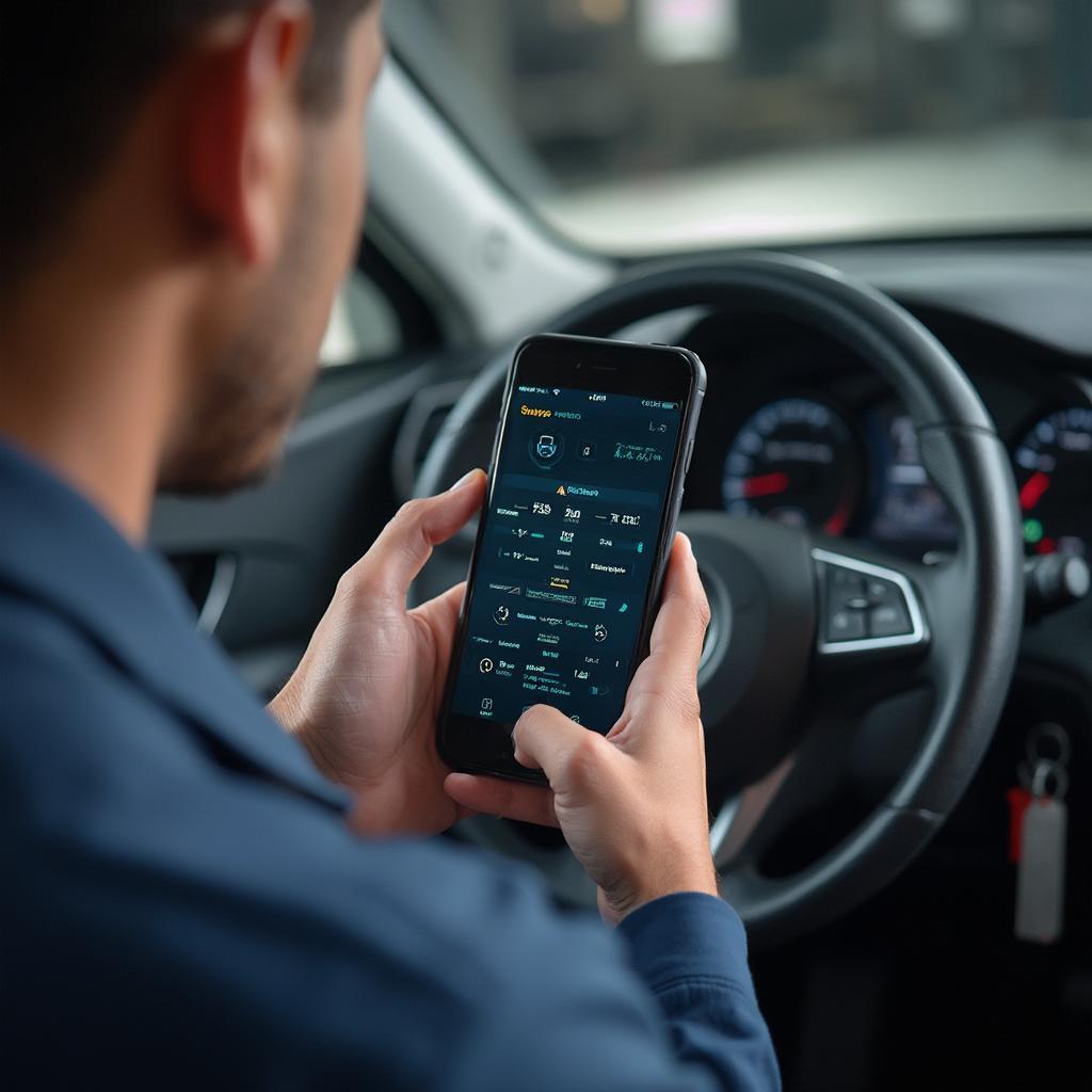 Mechanic Using OBD2 Scanner and iPhone