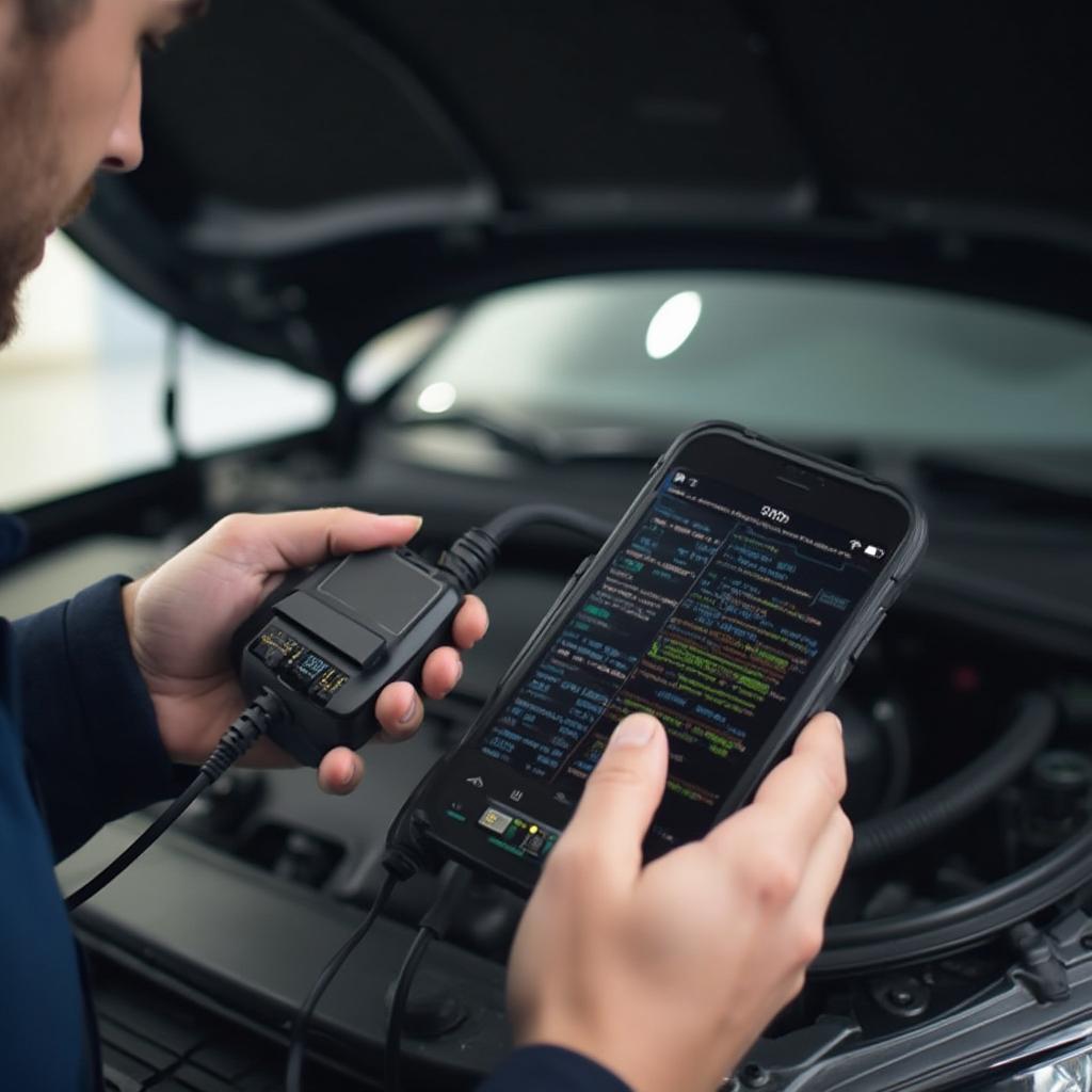 Mechanic using OBD2 Scanner and iPhone