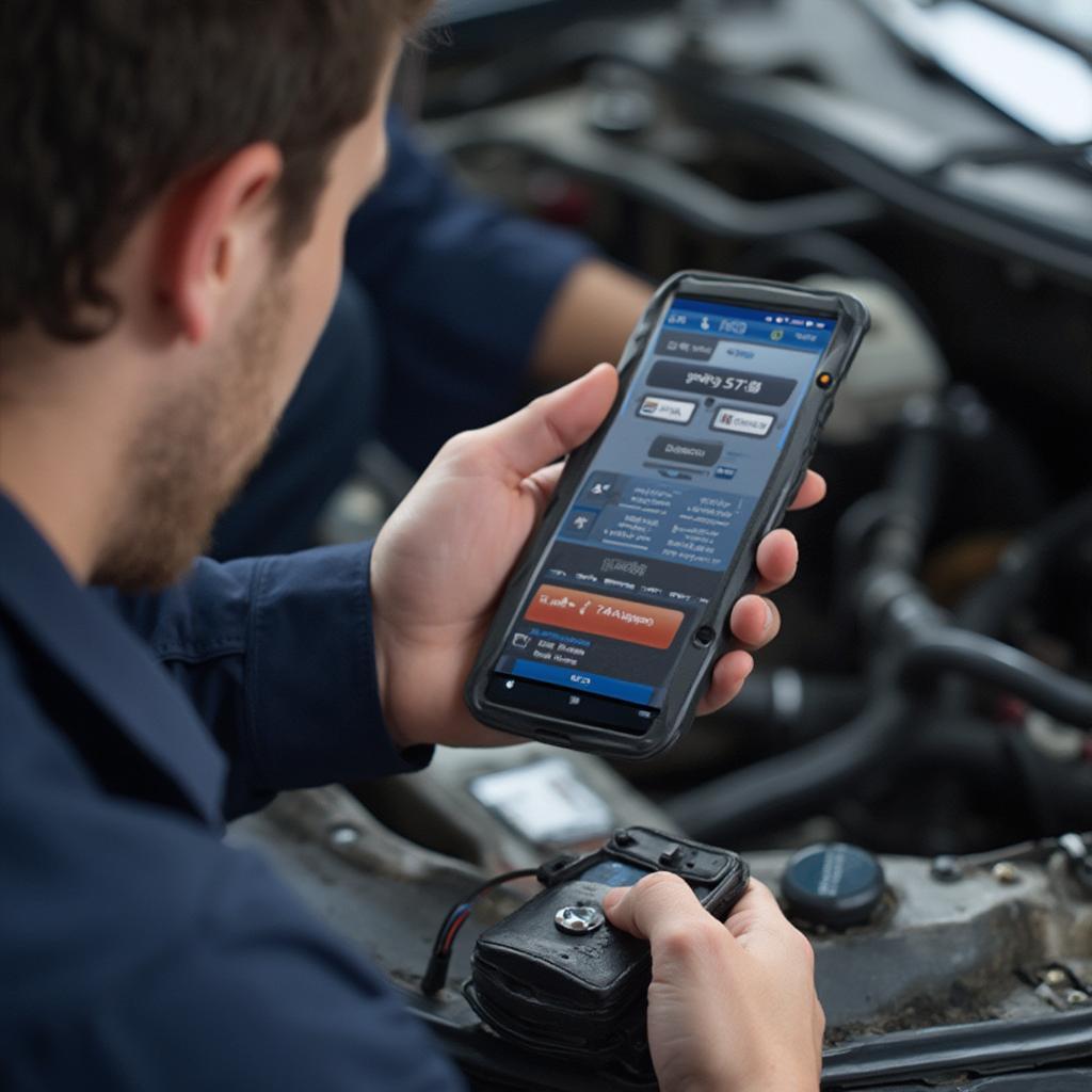 Mechanic Using OBD2 Scanner and iPhone to Diagnose Car Problem