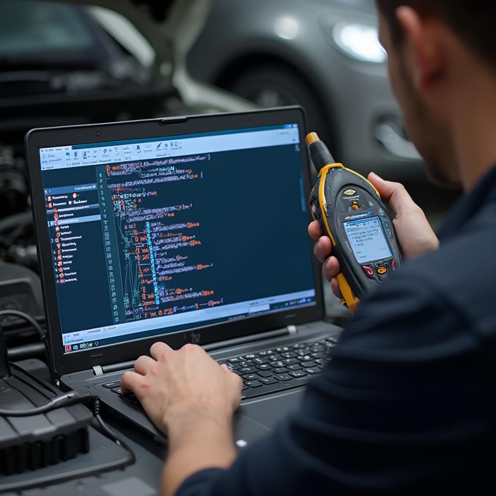 Mechanic Using OBD2 Scanner and Laptop for Diagnostics