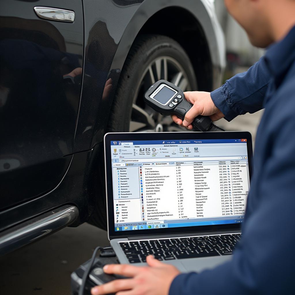 Mechanic Using OBD2 Scanner and Lookup Tool