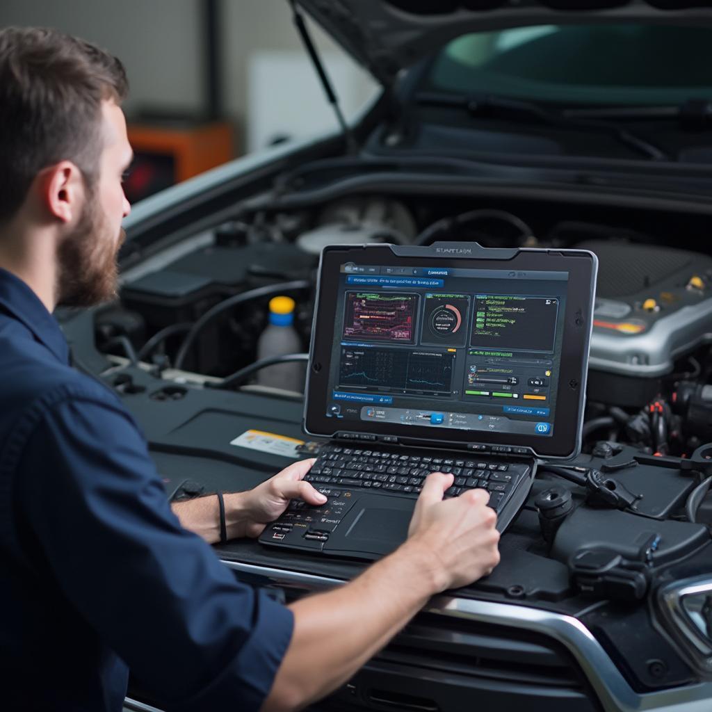 Mechanic using OBD2 Scanner and Software on Tablet