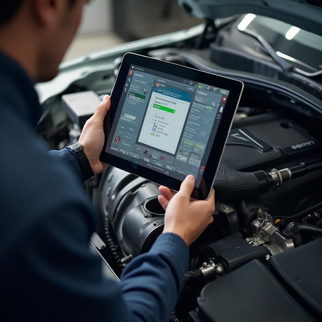 Mechanic Using OBD2 Scanner App on Tablet