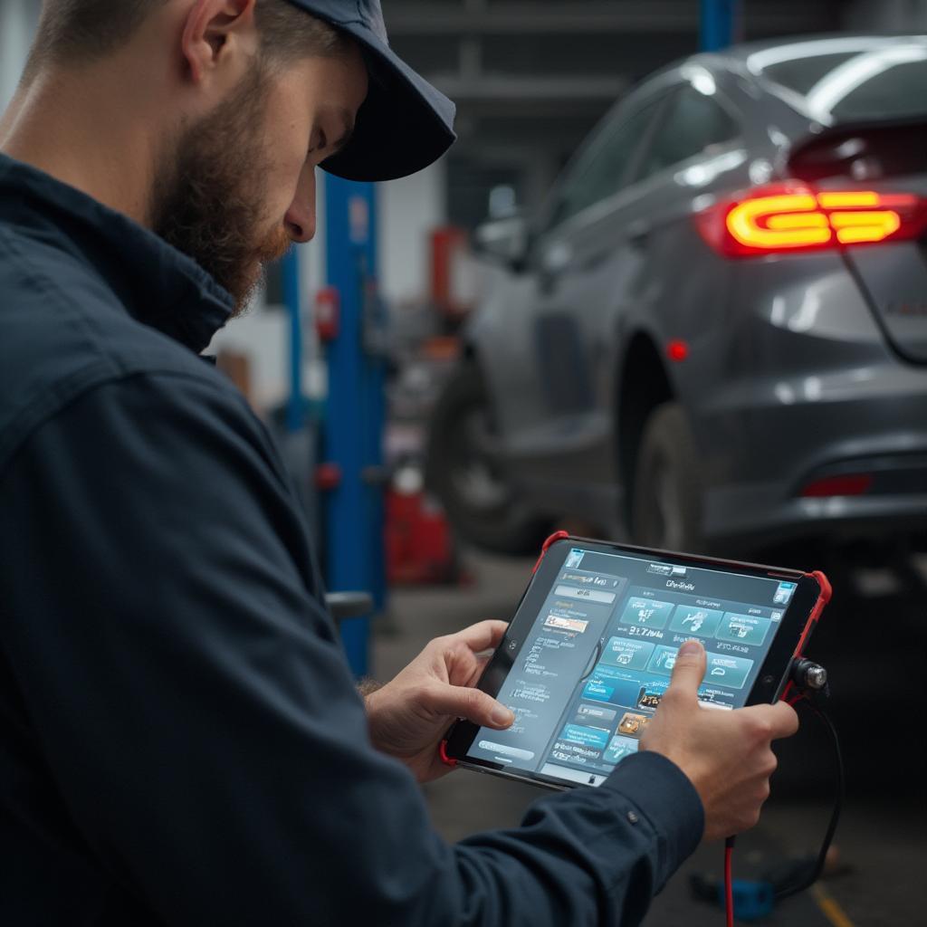 Mechanic Using OBD2 Scanner Bluetooth ELM327