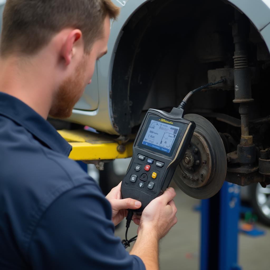 Mechanic Using OBD2 Scanner for Brake Repair