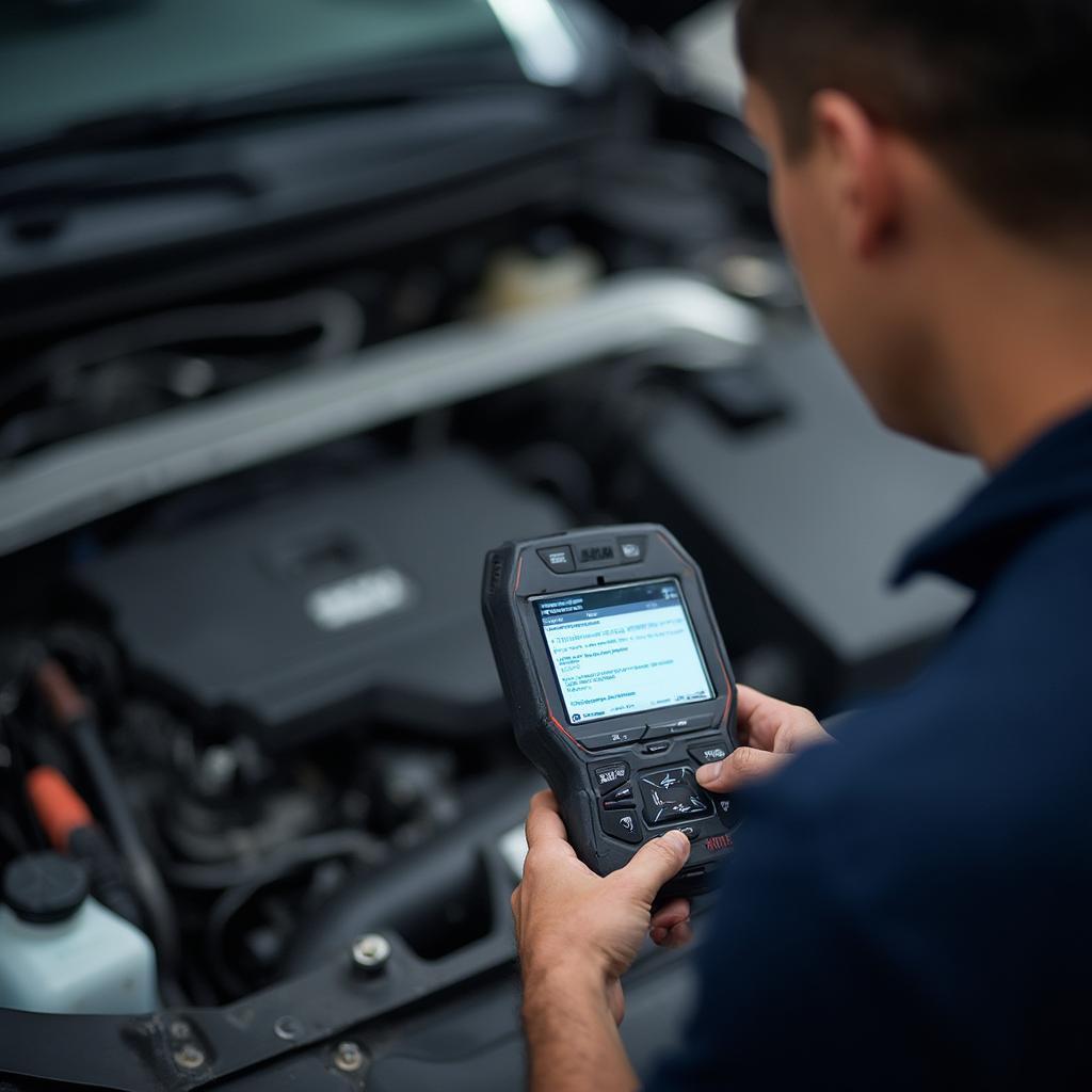 Mechanic Using OBD2 Scanner to Diagnose Car Problem