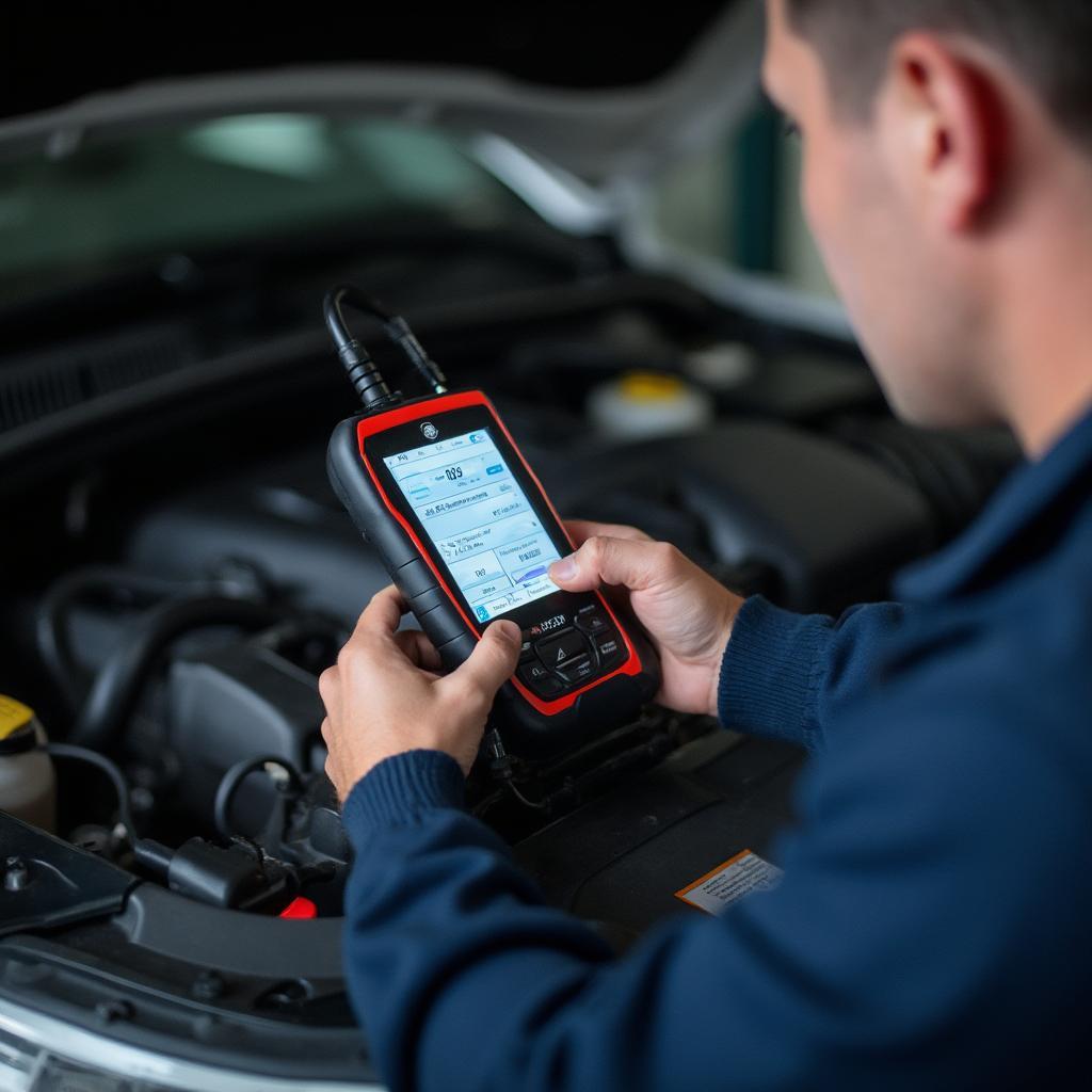 Mechanic Diagnosing Fuel System with OBD2 Scanner