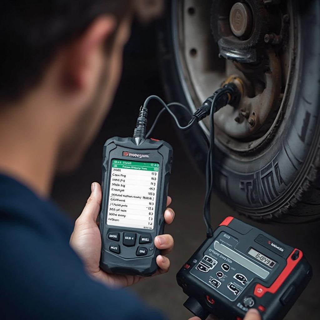 Mechanic diagnosing DPF issues with an OBD2 scanner.