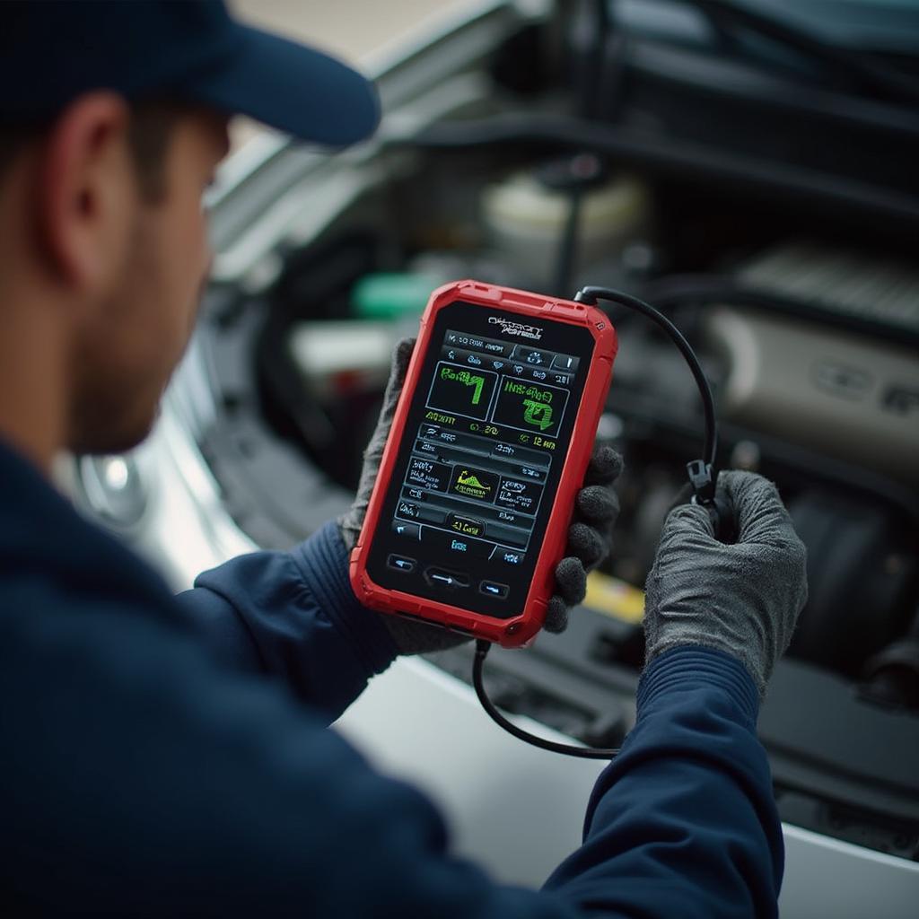 Mechanic Using OBD2 Scanner for Diagnosis