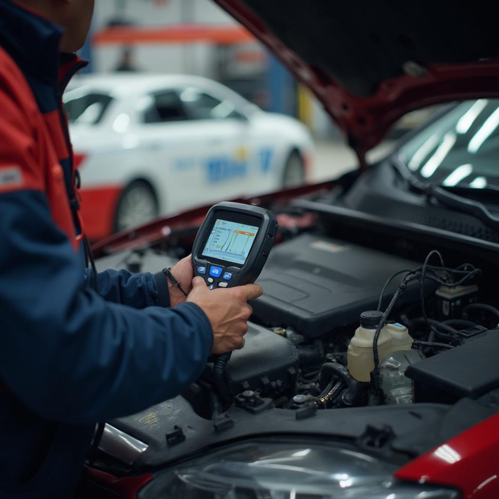 Mechanic Using OBD2 Scanner for Diagnostics