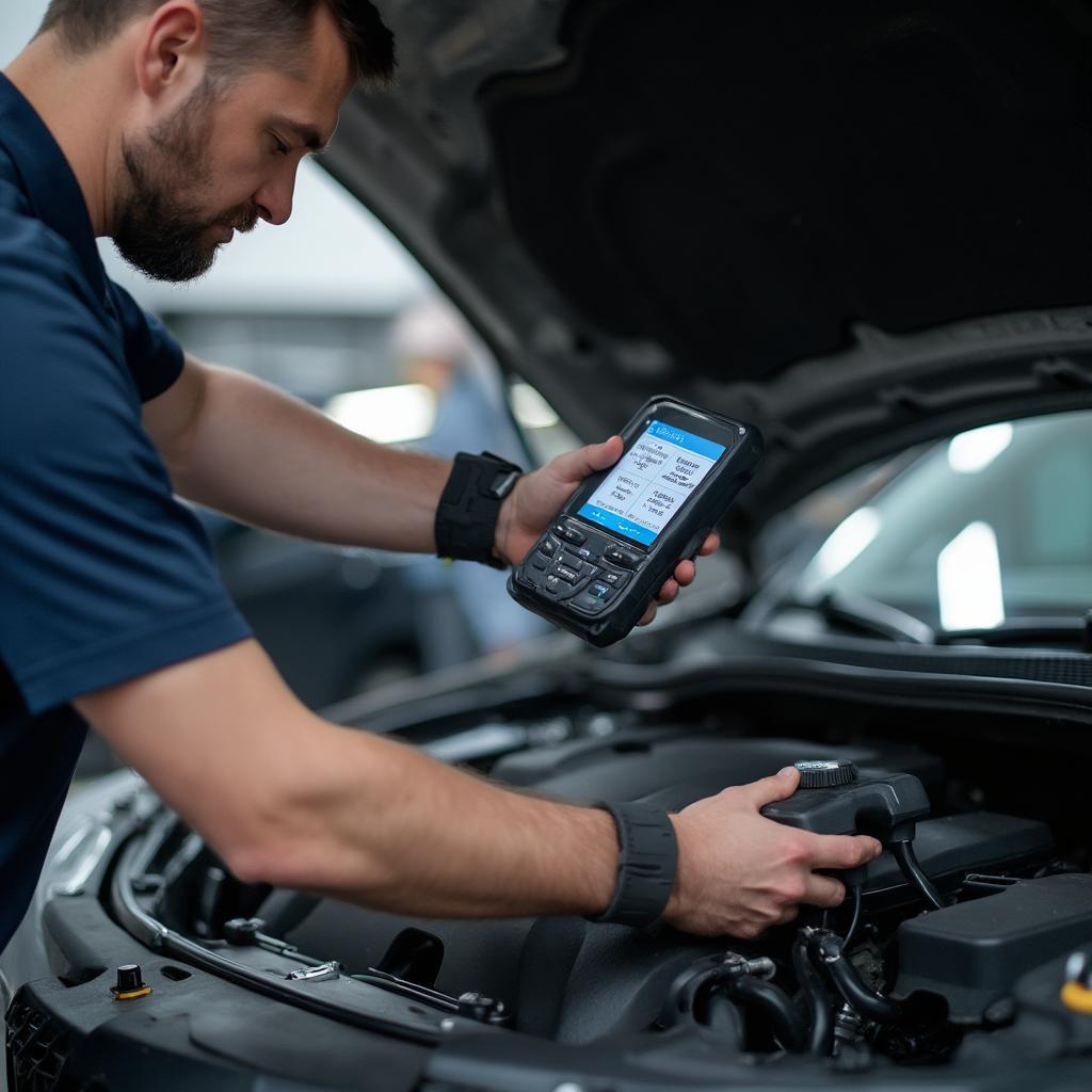 Mechanic using OBD2 Scanner for Diagnostics