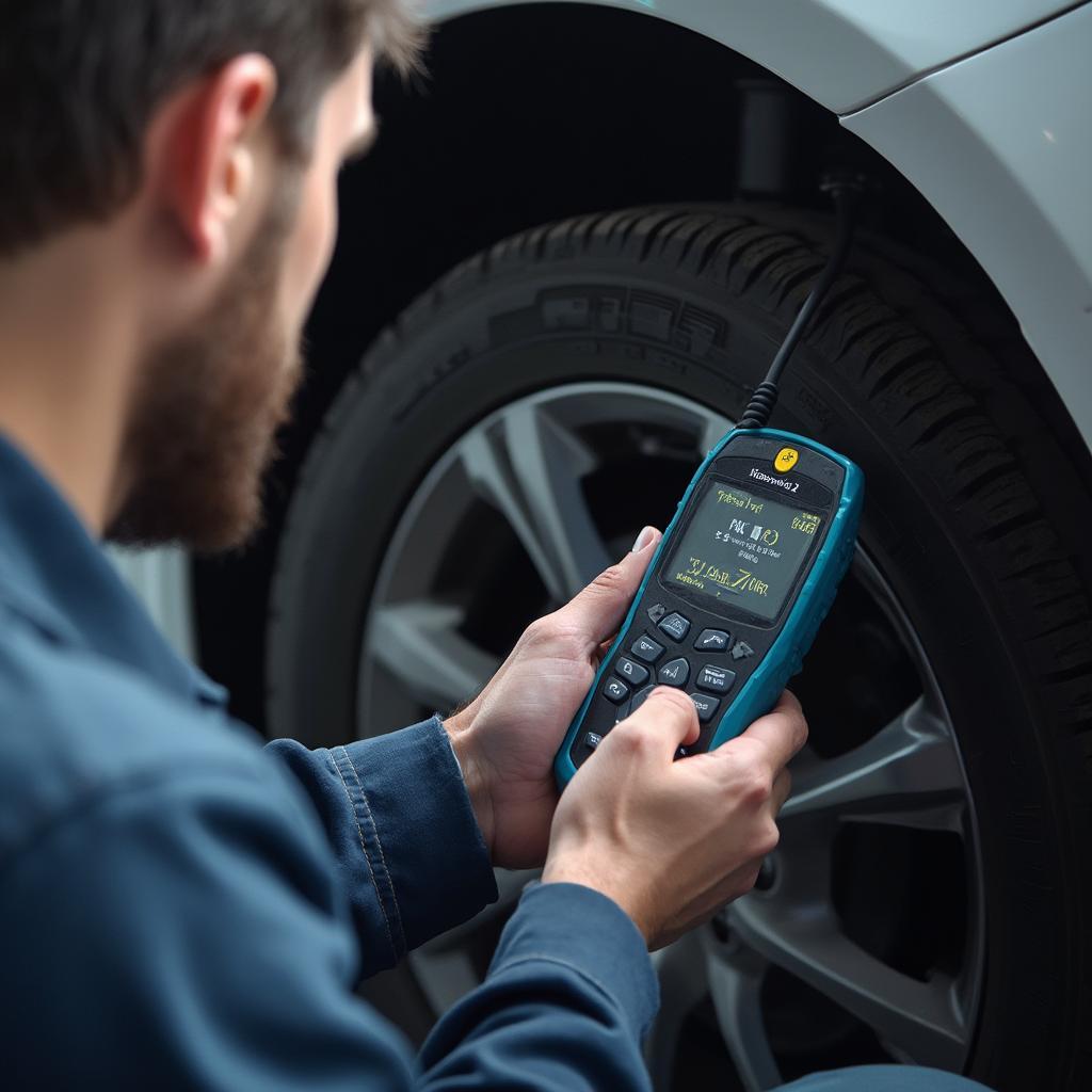 Mechanic Using OBD2 Scanner for EPB Diagnostics