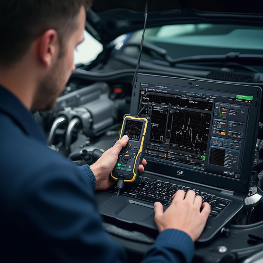 Mechanic Using OBD2 Scanner for Tuning