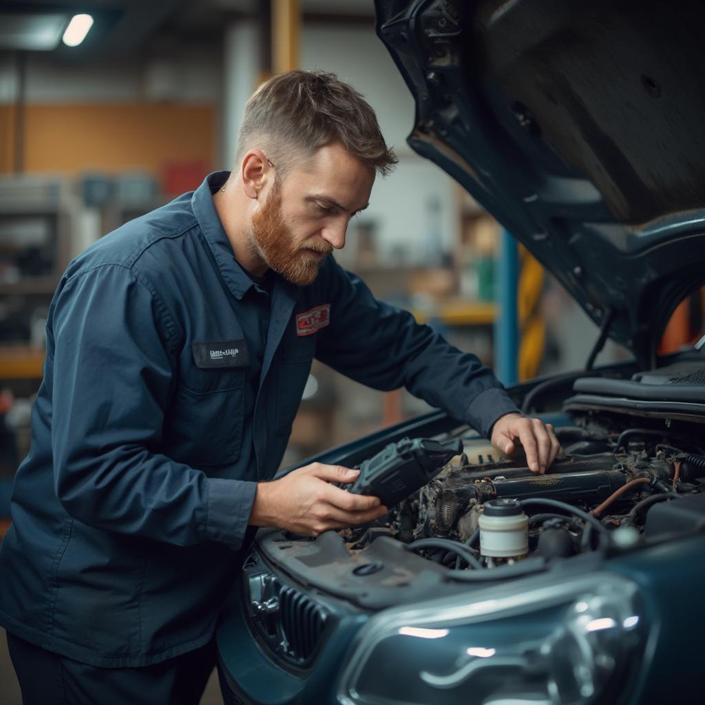 Mechanic Using OBD2 Scanner to Diagnose Car Problem in Garage