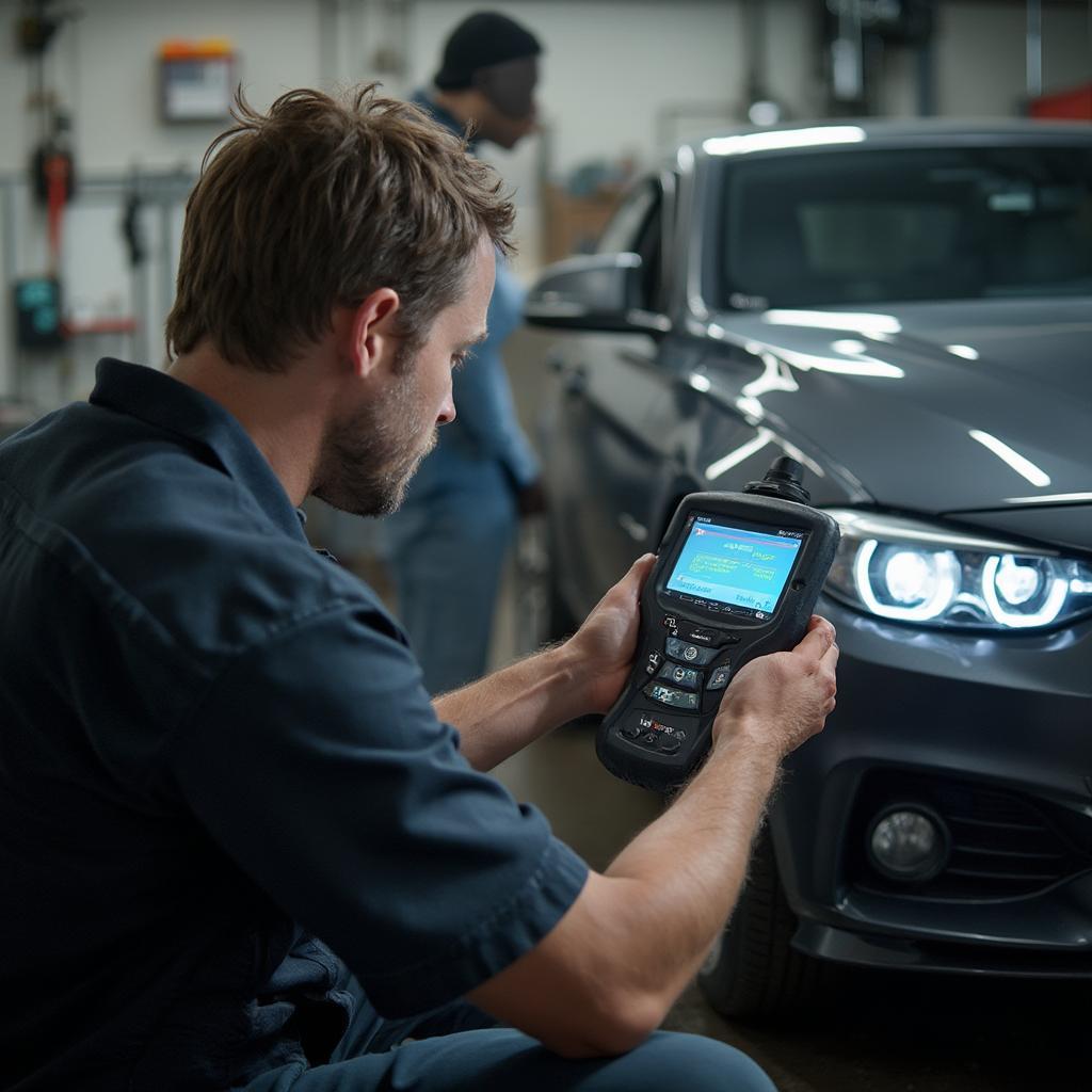 Mechanic Using an OBD2 Scanner in a Workshop