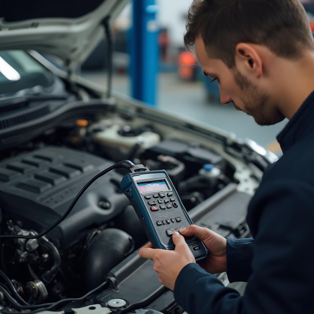 Mechanic Using an OBD2 Scanner in a Workshop