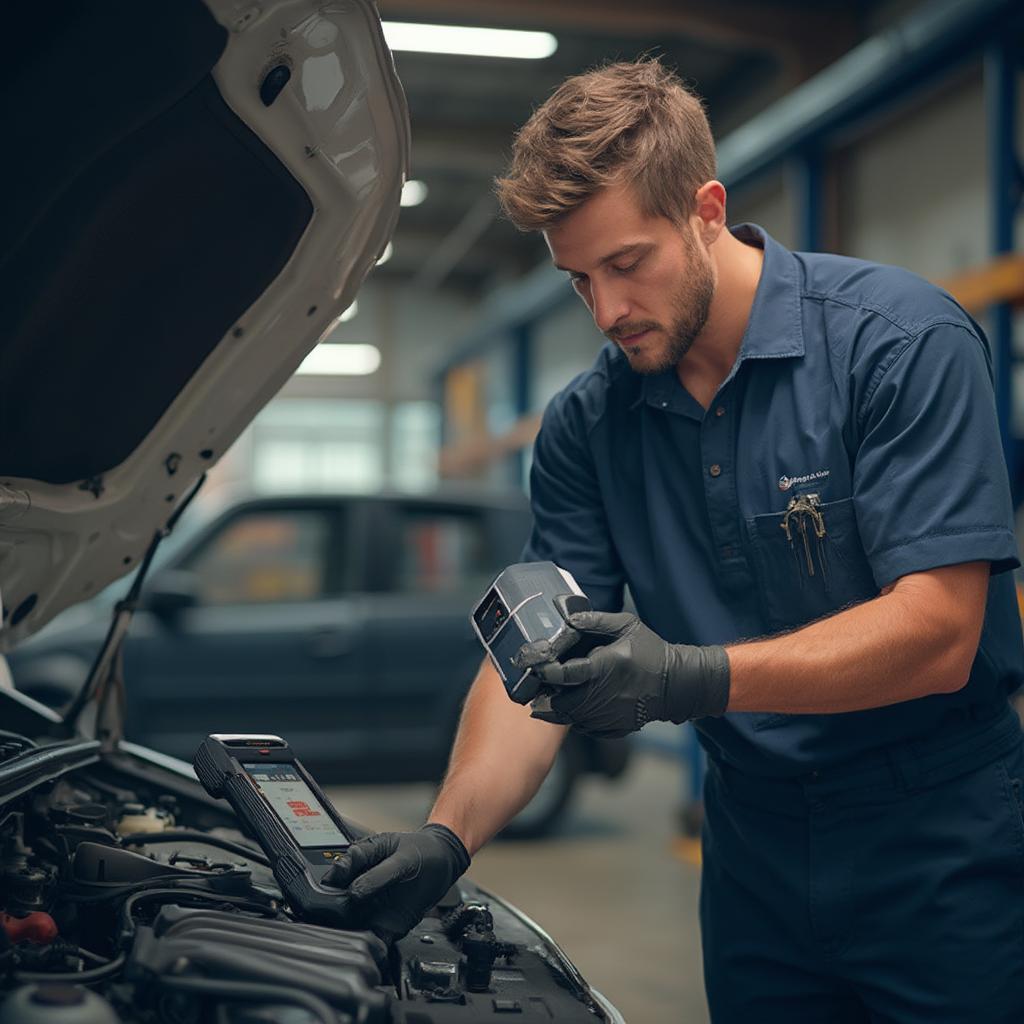 Mechanic diagnosing car issues with an OBD2 scanner