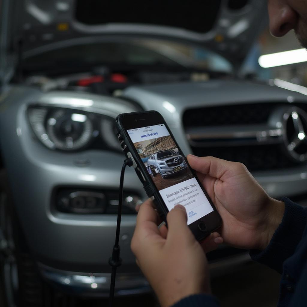 Mechanic Using OBD2 Scanner with iPhone