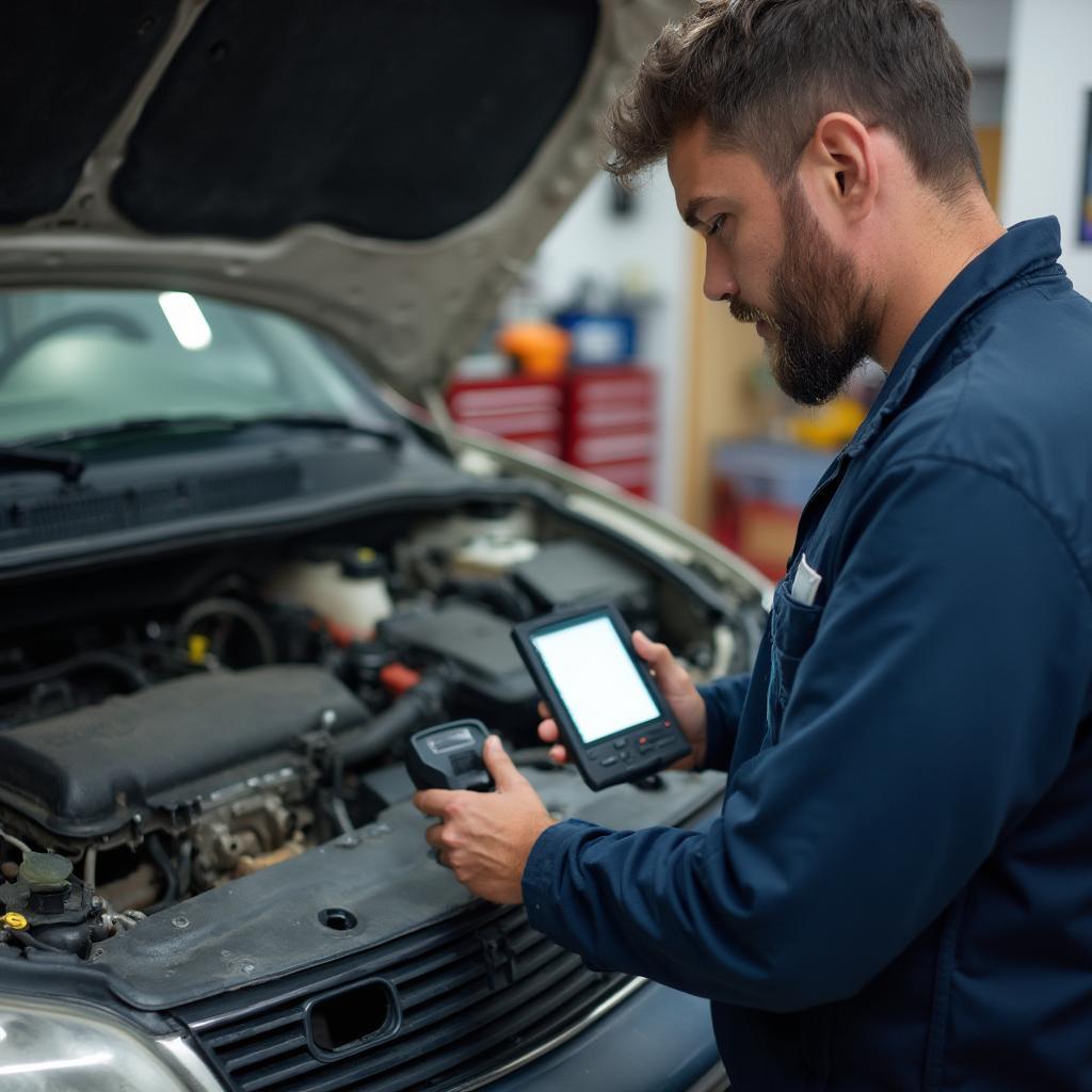 Mechanic Using OBD2 Scanner on a 1996 Honda Odyssey