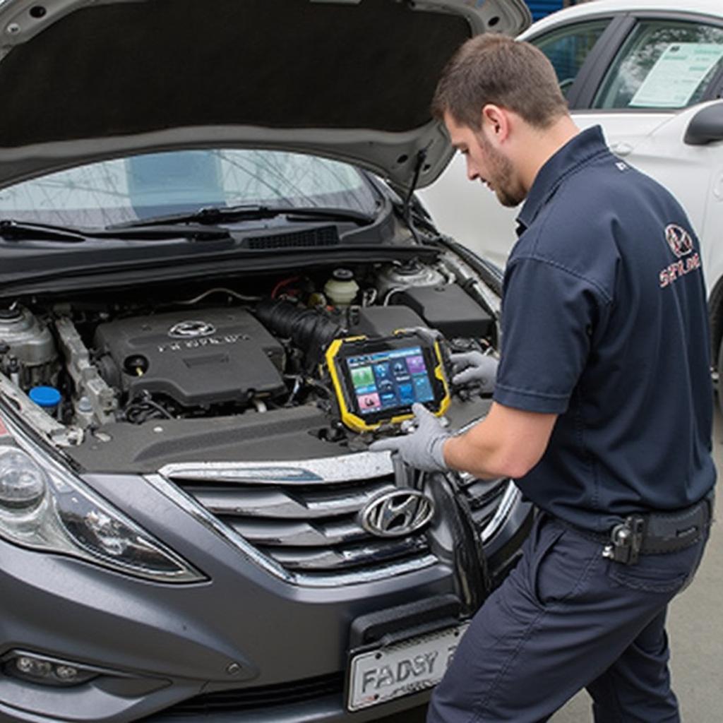 Mechanic Using OBD2 Scanner on a 2011 Hyundai Sonata