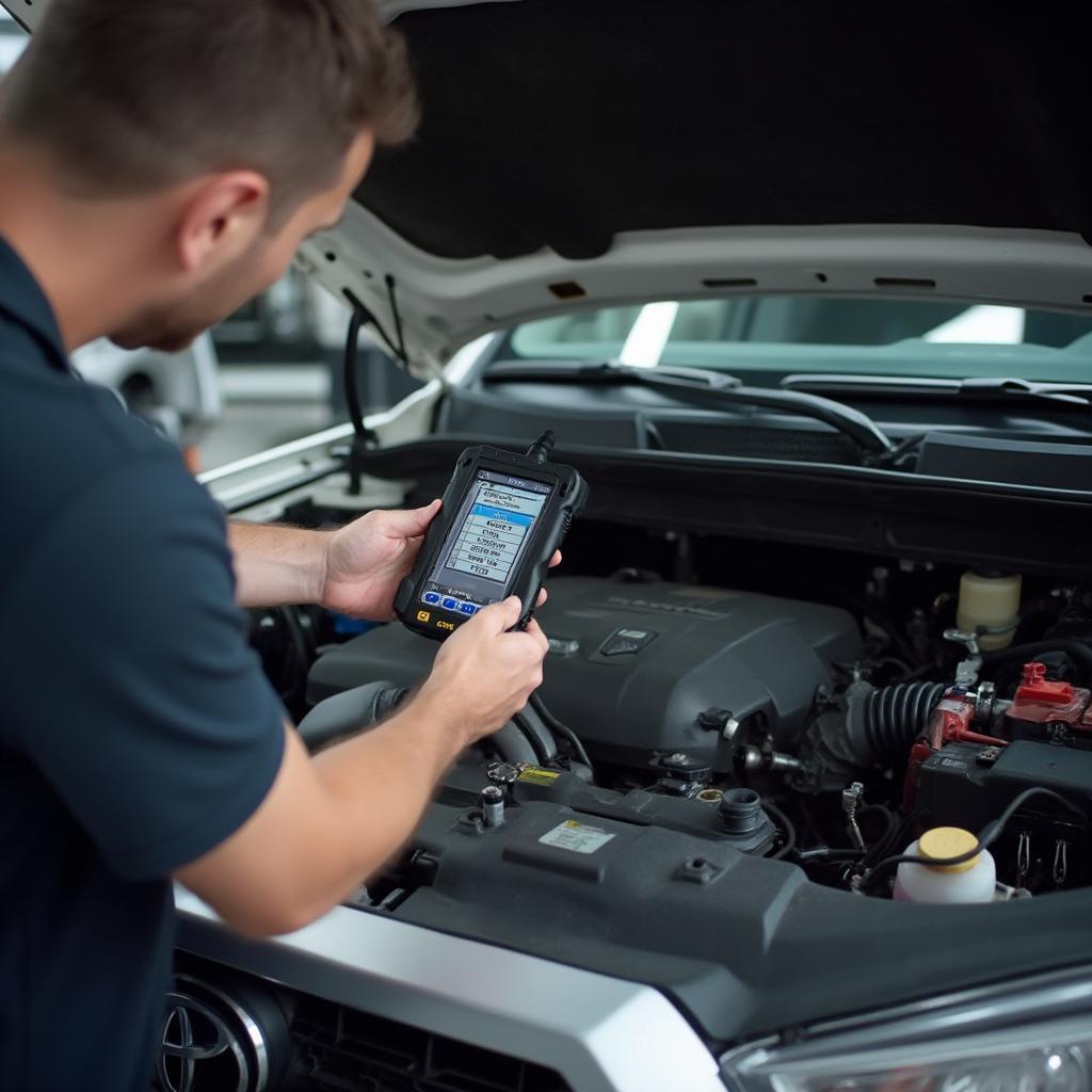 Mechanic Diagnosing a 3rd Gen 4Runner using an OBD2 Scanner in the Engine Bay