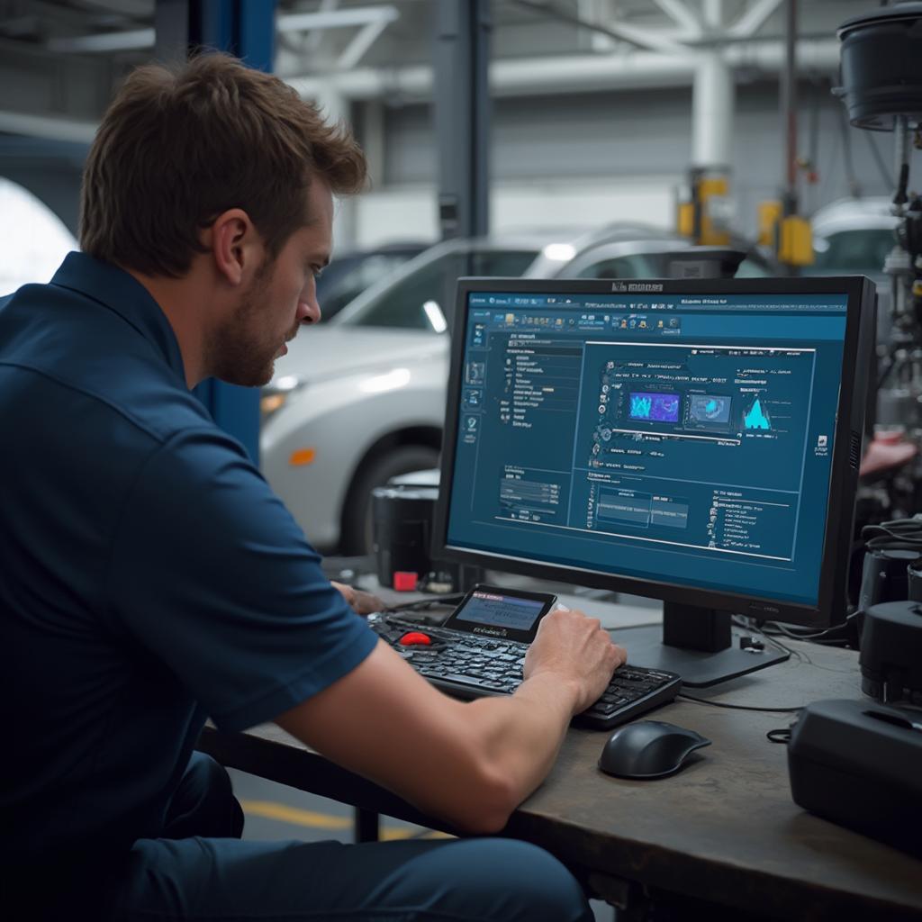 Mechanic Using an OBD2 Scanner on a Car in a Garage