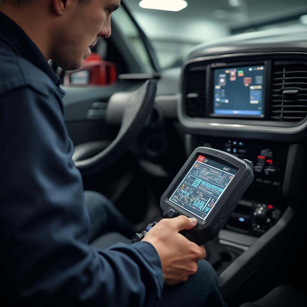 Mechanic Using OBD2 Scanner on Audi A4