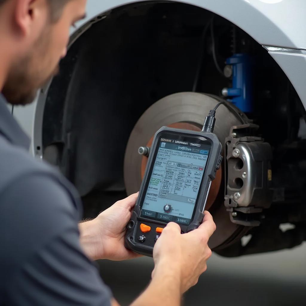 Mechanic Diagnosing Brake System with OBD2 Scanner